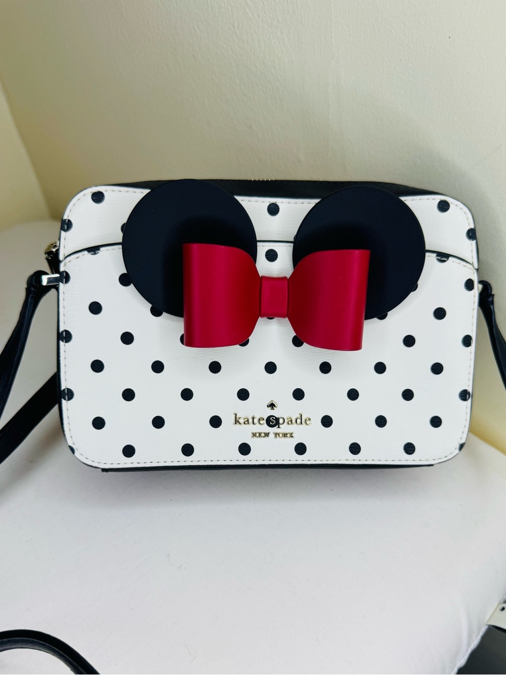 kate spade White Polka Dot Crossbody with Black Ears and Red Bow
